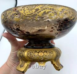 Atq Glass Bowl Vase Mellerio Legras Compote Centerpiece Gilt Japonisme Mount Uv