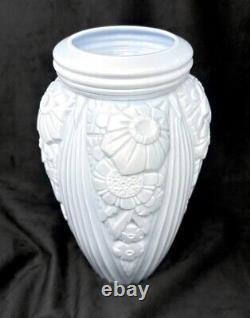 Atq MULLER FRERES LG Glass Vase Art Deco Silvery-Blue Flowers in Relief France