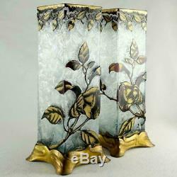 BACCARAT Pair Antique French Acid Etched Cameo Glass Vases Art Nouveau Poppies