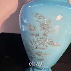 Baccarat Attributed French Blue Opaline Glass Vase With Gilding mark 30