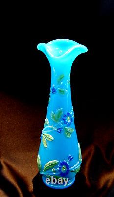 Baccarat French Blue Molded Opaline Glass 10 Vase Polychrome Morning Glory 1890