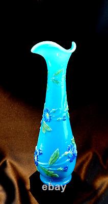 Baccarat French Blue Molded Opaline Glass 10 Vase Polychrome Morning Glory 1890