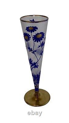 Baccarat French Cameo Art Glass Trumpet Vase Cobalt Daisies Butterfly Gold Gilt