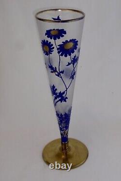 Baccarat French Cameo Art Glass Trumpet Vase Cobalt Daisies Butterfly Gold Gilt