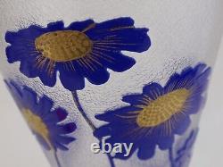 Baccarat French Cameo Art Glass Trumpet Vase Cobalt Daisies Butterfly Gold Gilt