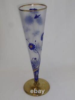 Baccarat French Cameo Art Glass Trumpet Vase Cobalt Daisies Butterfly Gold Gilt