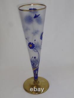Baccarat French Cameo Art Glass Trumpet Vase Cobalt Daisies Butterfly Gold Gilt