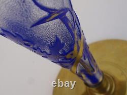 Baccarat French Cameo Art Glass Trumpet Vase Cobalt Daisies Butterfly Gold Gilt