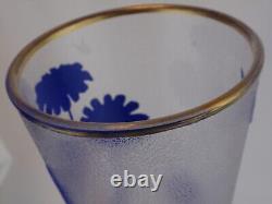 Baccarat French Cameo Art Glass Trumpet Vase Cobalt Daisies Butterfly Gold Gilt