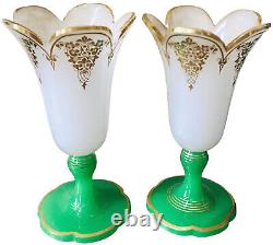 Baccarat French Opaline Mantel Vase Pair Tulip Flower Form Gold Detailed 8.5H