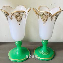 Baccarat French Opaline Mantel Vase Pair Tulip Flower Form Gold Detailed 8.5H