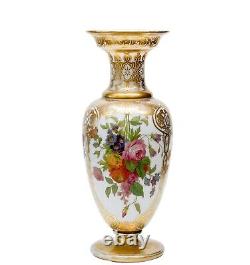 Baccarat French White Opaline Glass Hand Painted Floral Vase, circa 1900