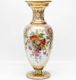 Baccarat French White Opaline Glass Hand Painted Floral Vase, circa 1900