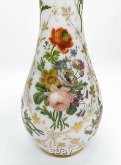 Baccarat French White Opaline Glass Hand Painted Floral Vase, circa 1900