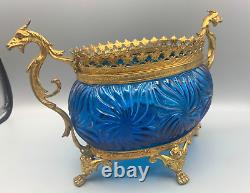 Baccarat Glass Blue Rosaces Centerpiece Bowl Jardiniere Gilt Bronze Mount French