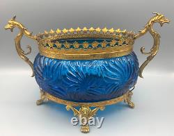 Baccarat Glass Blue Rosaces Centerpiece Bowl Jardiniere Gilt Bronze Mount French