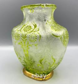 Baccarat Glass Crystal Vase Eglantier Green Lobed Cameo Art Nouveau Bronze Mount