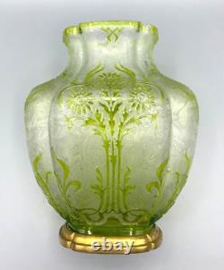 Baccarat Glass Crystal Vase Eglantier Green Lobed Cameo Art Nouveau Bronze Mount
