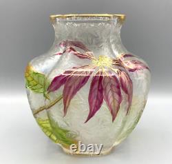 Baccarat Glass Vase Cameo Acid Enameled Poinsettia Houx Holly French Art Nouveau