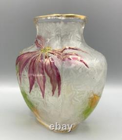 Baccarat Glass Vase Cameo Acid Enameled Poinsettia Houx Holly French Art Nouveau