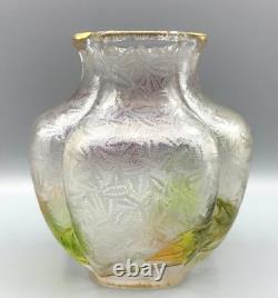 Baccarat Glass Vase Cameo Acid Enameled Poinsettia Houx Holly French Art Nouveau