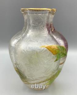 Baccarat Glass Vase Cameo Acid Enameled Poinsettia Houx Holly French Art Nouveau