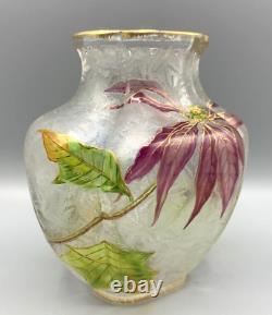 Baccarat Glass Vase Cameo Acid Enameled Poinsettia Houx Holly French Art Nouveau