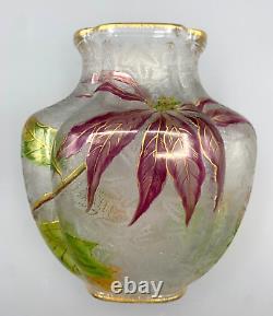 Baccarat Glass Vase Cameo Acid Enameled Poinsettia Houx Holly French Art Nouveau