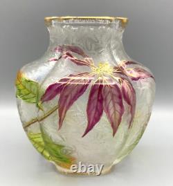 Baccarat Glass Vase Cameo Acid Enameled Poinsettia Houx Holly French Art Nouveau