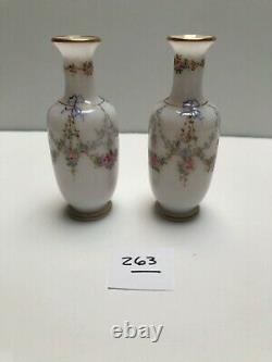 Baccarat Magnificent Pair Of Opaline Vases With Ornate Floral And Gold #263