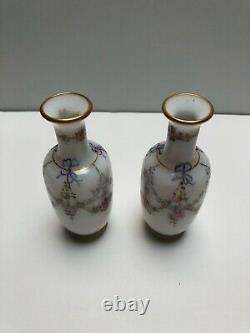 Baccarat Magnificent Pair Of Opaline Vases With Ornate Floral And Gold #263
