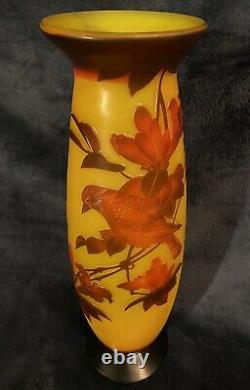 Beautiful 20th-Century French Carved Cameo Colored Glass Vase Bird & Floral 14H