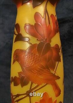 Beautiful 20th-Century French Carved Cameo Colored Glass Vase Bird & Floral 14H