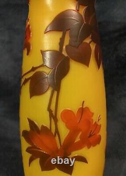 Beautiful 20th-Century French Carved Cameo Colored Glass Vase Bird & Floral 14H