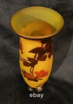 Beautiful 20th-Century French Carved Cameo Colored Glass Vase Bird & Floral 14H