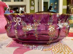 Beautiful Antique Legras French Art Glass Enameled Bows & Floral Swags Oval Bowl