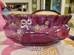 Beautiful Antique Legras French Art Glass Enameled Bows & Floral Swags Oval Bowl