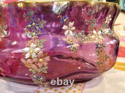 Beautiful Antique Legras French Art Glass Enameled Bows & Floral Swags Oval Bowl