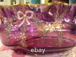 Beautiful Antique Legras French Art Glass Enameled Bows & Floral Swags Oval Bowl