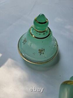 Beautiful Transparent Green Glass Decanter Dish Vase French Blue Opaline Painted