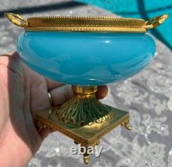 Blue Opaline Glass Compote Bowl Vase Footed Urn Ormolu LID Bonbonniere Sevres