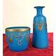 Blue Opaline Glass French Vase and Bowl with Gold Accent Gorgeous Set! CT302