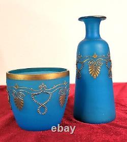 Blue Opaline Glass French Vase and Bowl with Gold Accent Gorgeous Set! CT302