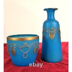 Blue Opaline Glass French Vase and Bowl with Gold Accent Gorgeous Set! CT302