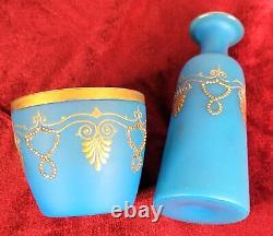 Blue Opaline Glass French Vase and Bowl with Gold Accent Gorgeous Set! CT302