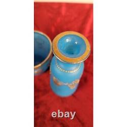 Blue Opaline Glass French Vase and Bowl with Gold Accent Gorgeous Set! CT302