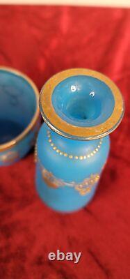 Blue Opaline Glass French Vase and Bowl with Gold Accent Gorgeous Set! CT302