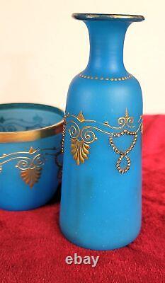 Blue Opaline Glass French Vase and Bowl with Gold Accent Gorgeous Set! CT302