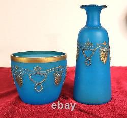 Blue Opaline Glass French Vase and Bowl with Gold Accent Gorgeous Set! CT302