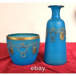 Blue Opaline Glass French Vase and Bowl with Gold Accent Gorgeous Set! CT302